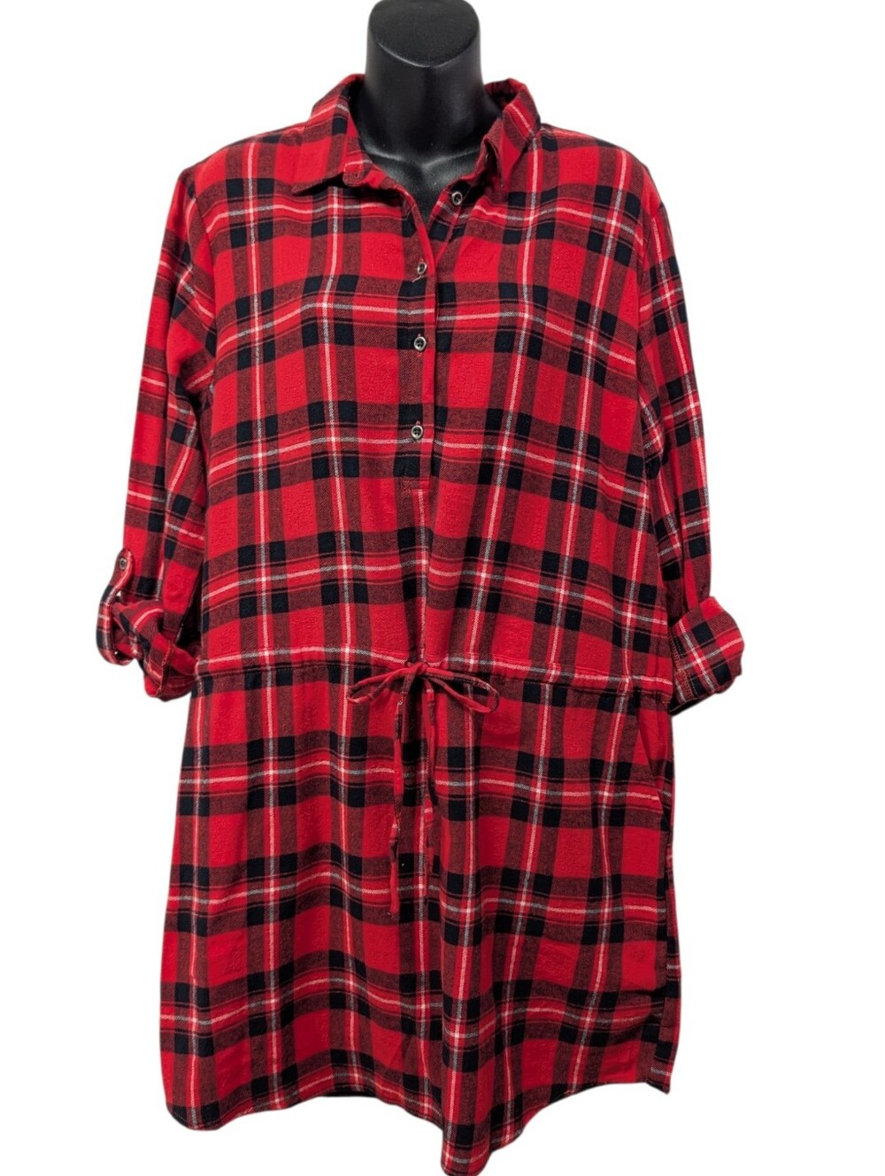 Forever 21 Women's L Red/Black/White Plaid Flannel Shirt Dress Drawstring NWT